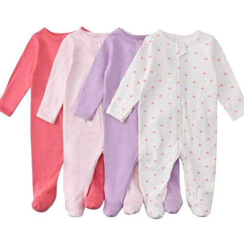 Aablexema Baby Pajamas with Mitten Cuffs Zipper 4-Pack Infant Newborn Cotton Long Sleeve Footie Outfit(Pink/Heart/Purple/Red,12-18m) - Image 2
