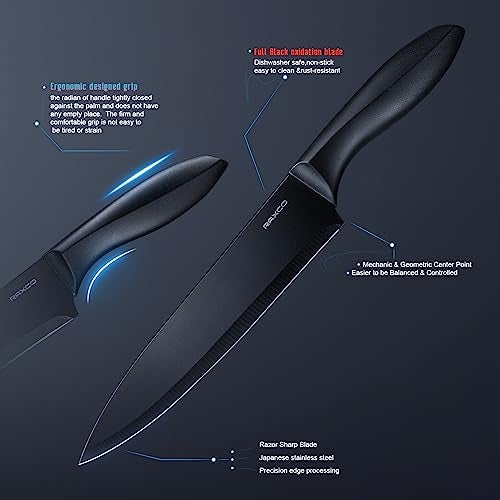 RAXCO Knife Set with Block,10-Piece Kitchen Knives Stainless Steel,Pro-sharpened for Cooking,Slicing,Mincing,Dicing,Black - Image 5