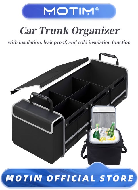 Car Trunk Organizer with Insulated Leakproof Cooler Bag and Straps for SUV Jeep Sedan
