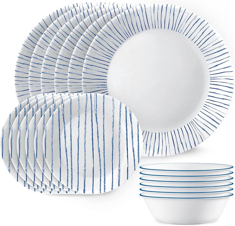Corelle طقم أدوات مائدة كوريل 18 قطعة خدمة لـ 6 أشخاص أطباق وأوعية خفيفة الوزن دائرية من زجاج فيتريل ثلاثي الطبقات مقاومة للكسر آمنة للاستخدام في الميكروويف وغسالة الصحون بخطوط بحرية - Image 1