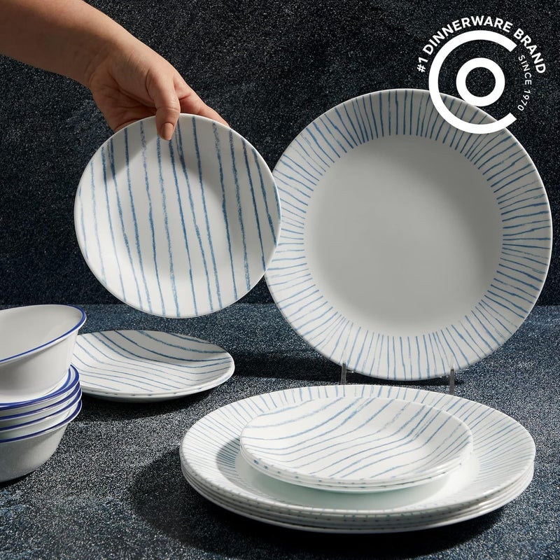 Corelle طقم أدوات مائدة كوريل 18 قطعة خدمة لـ 6 أشخاص أطباق وأوعية خفيفة الوزن دائرية من زجاج فيتريل ثلاثي الطبقات مقاومة للكسر آمنة للاستخدام في الميكروويف وغسالة الصحون بخطوط بحرية - Image 2