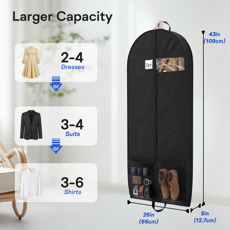 Hopack 2 Pack Heavy Duty Garment Bags for Travel Suit Bags, Dress Bags, Garment Bags for Hanging Clothes with Pockets Men's Suit Holder for Cospaly, Shirts, Coats, Dresses (Black, 2Pack 43") - Image 2