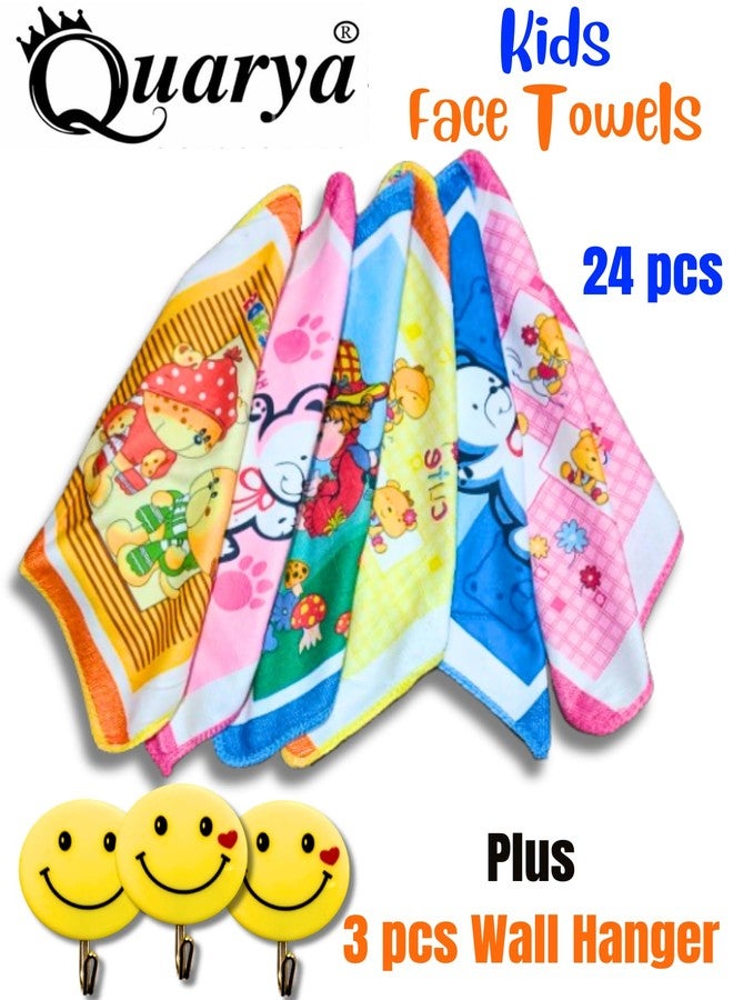 Quarya Cotton Face Towels for Newborn Baby Kids Soft Hankies Small Printed Cartoon Handkerchief Reusable Napkins for Infants Toddlers Girls and Boys (24x24CM) (Pack of 24 Plus 3 Wall Hangers) - Image 2