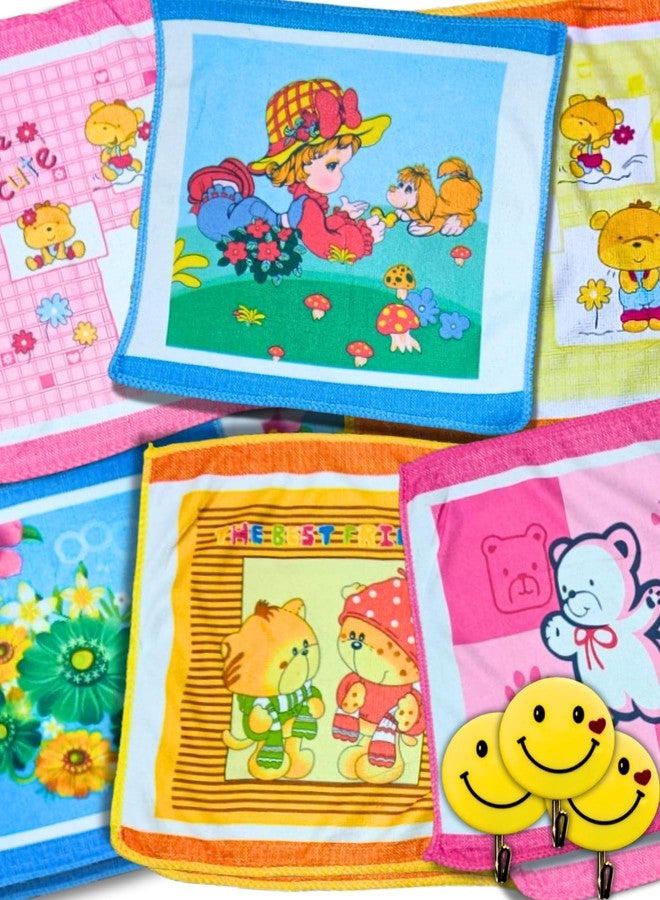 Quarya Cotton Face Towels for Newborn Baby Kids Soft Hankies Small Printed Cartoon Handkerchief Reusable Napkins for Infants Toddlers Girls and Boys (24x24CM) (Pack of 24 Plus 3 Wall Hangers) - Image 1