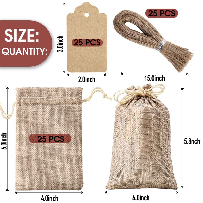 Homum 25Pcs Premium Burlap Gift Bags with Drawstring and 25Pcs Gift Tags & String, 4x6 Inch Reusable Gift Burlap Linen Sacks Bag for Wedding Favors Party Jewelry Pouches, Christmas, Coffee, DIY Craft - Image 2