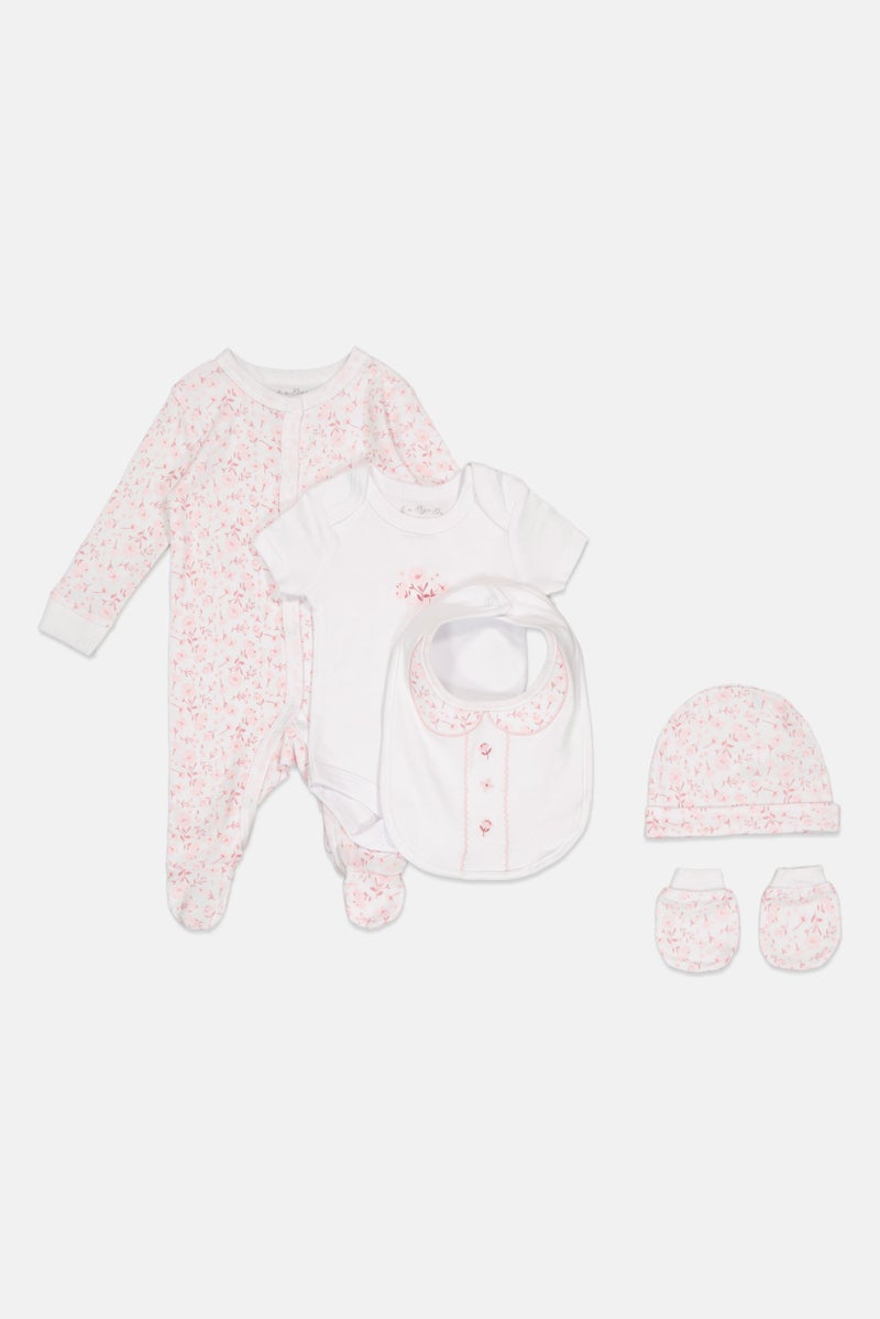 Toddlers Girl 5 Pcs Floral Print Bodysuit, Bib, Beanie, Gloves and Coverall Set, Multicolor