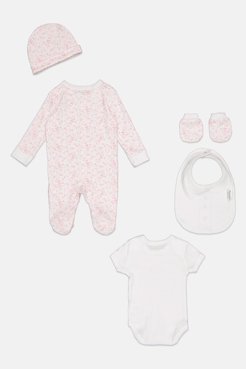 Toddlers Girl 5 Pcs Floral Print Bodysuit, Bib, Beanie, Gloves and Coverall Set, Multicolor