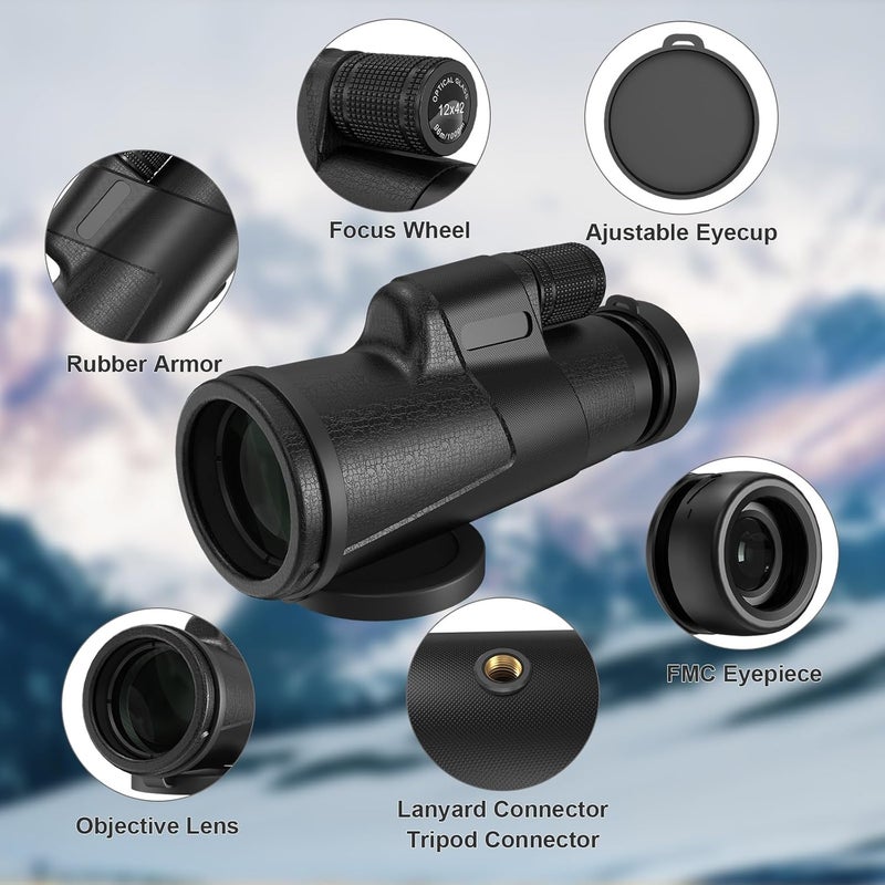 AMITHER 12x42 Monocular Telescope for Adults, High Powered HD Compact Monoculars Portable Handheld Telescope with BAK4 Prism & FMC Lens for Bird Watching Hiking Hunting Camping - Image 2