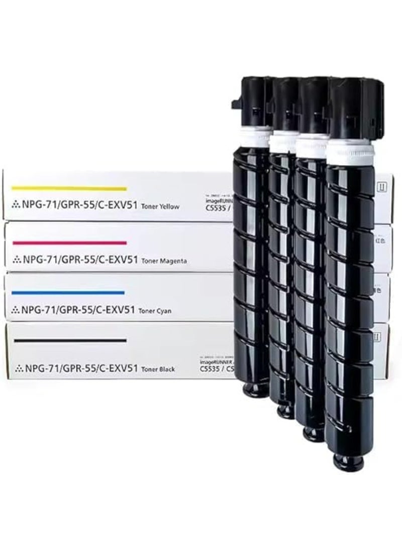 مجموعة كاملة من خراطيش الحبر عالية الإنتاجية C-EXV 51 متوافقة مع طابعات كانون IMAGERUNNER ADVANCE C5535 5535I C5540I C5550I C5560I (C-EXV 51، أسود، سماوي، أصفر، أرجواني) - Image 1