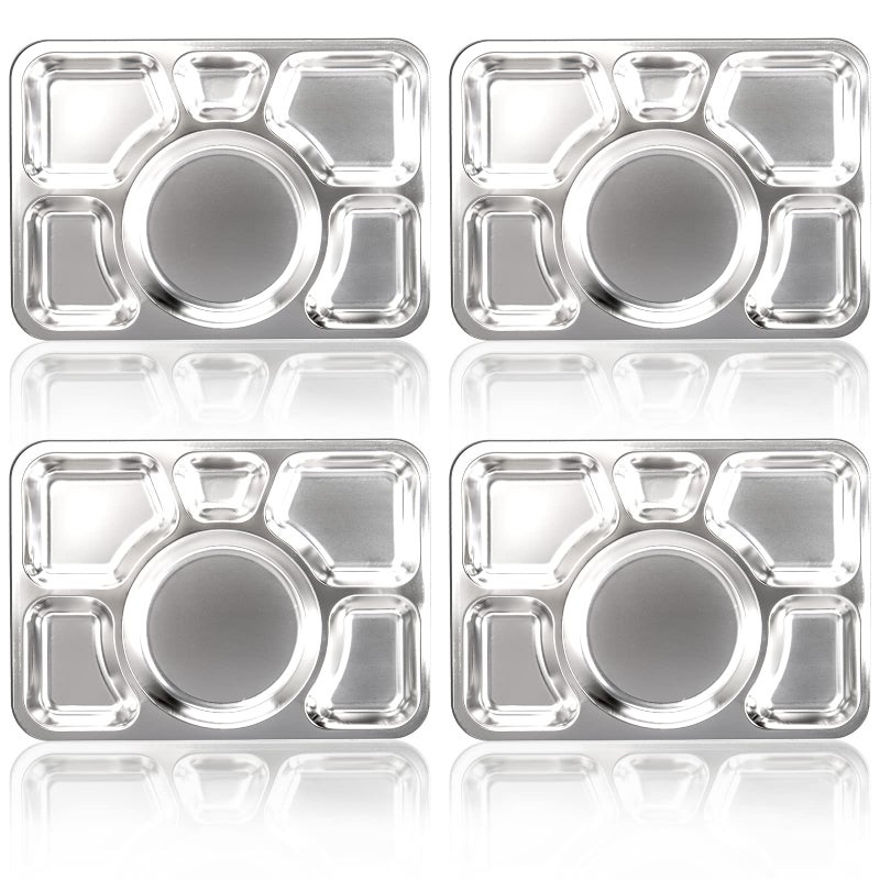 Hacaroa 4 Pack Stainless Steel Divided Dinner Plates 15x106 Inches Snack Serving Plate with 6 Compartment Metal Food Trays for Adults Diet Food Portion Control Picky Eaters