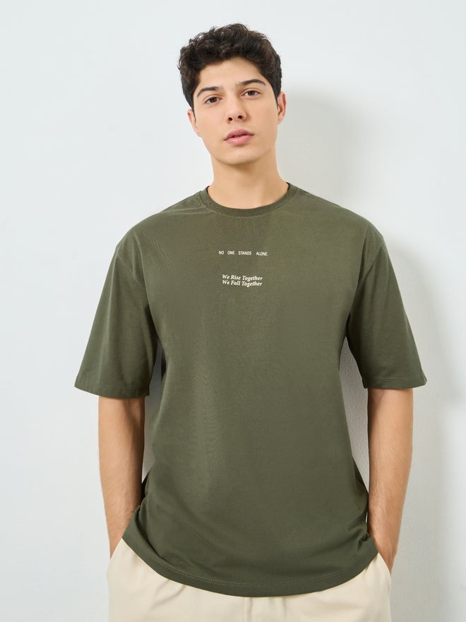 Styli Men Oversized Slogan Print Crew Neck T-Shirt - Image 1