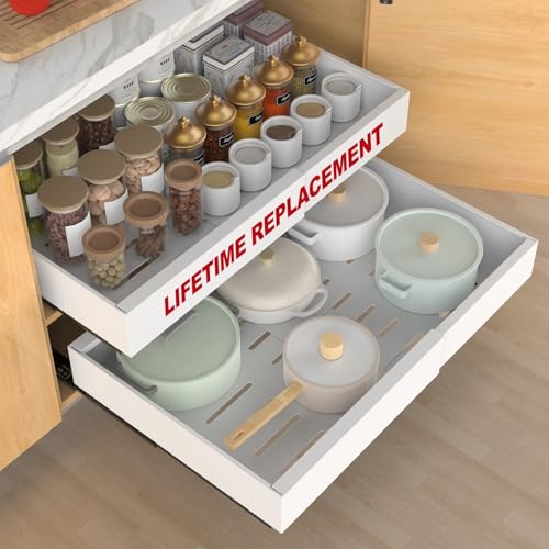 ANTOWIN 2-Pack Expandable Pull Out Cabinet Organizer 21"Deep(12.2"-20.5"W), 3 Full Extension Glides Slide Out Drawers, Roll Out Shelves Adhesive Raising Pad,Compatible Framed Cabinets,90lb Cap,White - Image 1