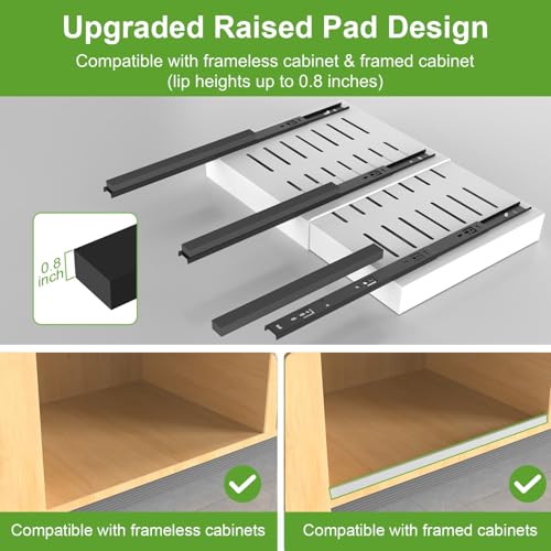 ANTOWIN 2-Pack Expandable Pull Out Cabinet Organizer 21"Deep(12.2"-20.5"W), 3 Full Extension Glides Slide Out Drawers, Roll Out Shelves Adhesive Raising Pad,Compatible Framed Cabinets,90lb Cap,White - Image 3