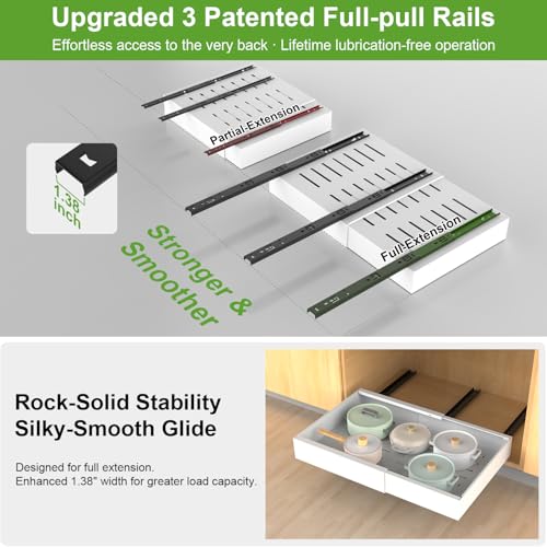 ANTOWIN 2-Pack Expandable Pull Out Cabinet Organizer 21"Deep(12.2"-20.5"W), 3 Full Extension Glides Slide Out Drawers, Roll Out Shelves Adhesive Raising Pad,Compatible Framed Cabinets,90lb Cap,White - Image 4