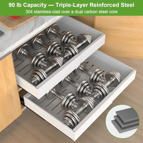 ANTOWIN 2-Pack Expandable Pull Out Cabinet Organizer 21"Deep(12.2"-20.5"W), 3 Full Extension Glides Slide Out Drawers, Roll Out Shelves Adhesive Raising Pad,Compatible Framed Cabinets,90lb Cap,White - Image 5