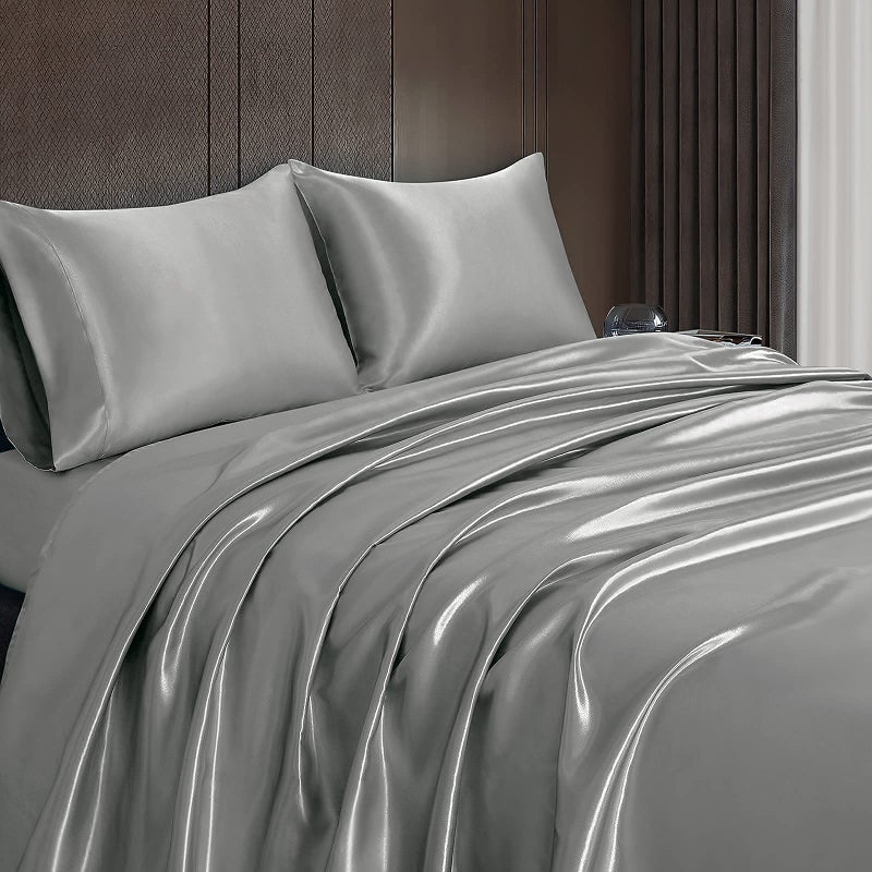 Homiest 3pcs Satin Sheets Set Luxury Silky Satin Bedding Set with Deep Pocket  1 Fitted Sheet + 1 Flat Sheet + 1 Pillowcase (Twin XL Size  Light Grey) - Image 4