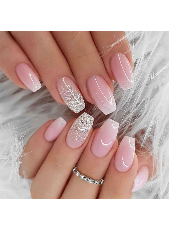 Foccna French Tip Press on Nails Medium Gradient Fake Nails Coffin Bling Glossy Pink False Nail Tips Artificial Finger Manicure for Women and Girls 24pcs - Image 2