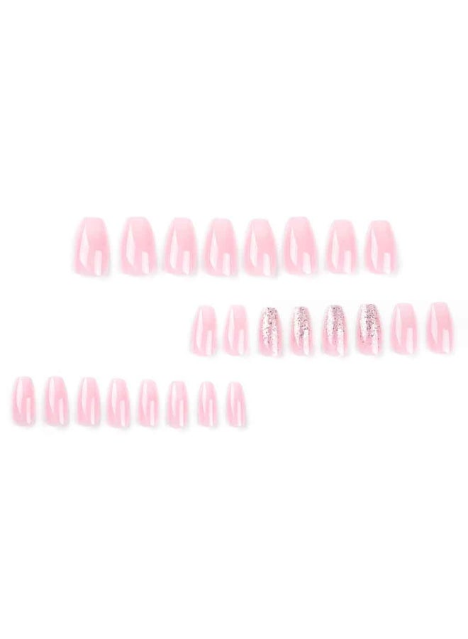 Foccna French Tip Press on Nails Medium Gradient Fake Nails Coffin Bling Glossy Pink False Nail Tips Artificial Finger Manicure for Women and Girls 24pcs - Image 4