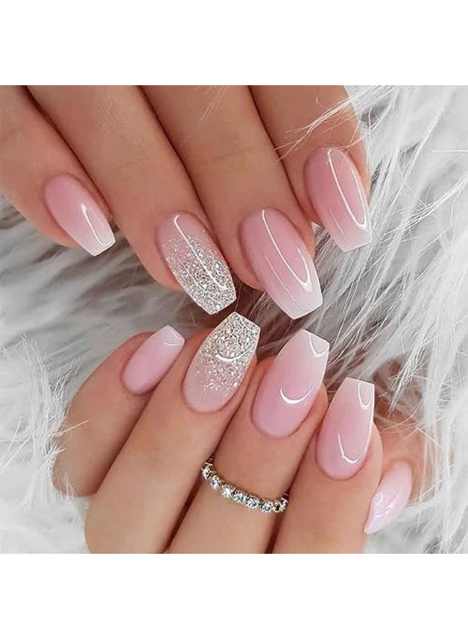 Foccna French Tip Press on Nails Medium Gradient Fake Nails Coffin Bling Glossy Pink False Nail Tips Artificial Finger Manicure for Women and Girls 24pcs - Image 1