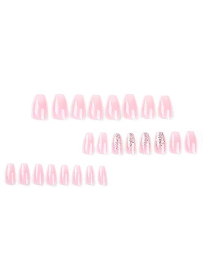Foccna French Tip Press on Nails Medium Gradient Fake Nails Coffin Bling Glossy Pink False Nail Tips Artificial Finger Manicure for Women and Girls 24pcs - Image 3