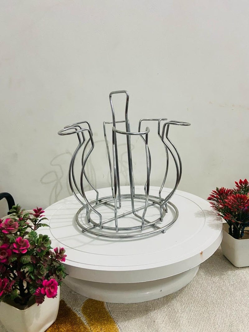 Matfa Glass Holder for 6 Glasses/Stainless Steel Glass Stand/Glass Holder Rack for Kitchen, Dining Table, Home, Office/Virgin Glass Holder/Tumbler Holder/Lotus Shape Design (Nickel Chrome)  - Image 1