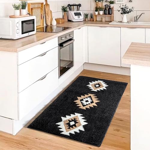 DEXDE Black Bathroom Rugs Mat 20x32, Aztec Boho Bath Rugs Long Western Plush Non Slip Machine Washable Bath Mats Large Luxury Soft Absorbent Modern Carpet for Floor, Tub, Shower, Kitchen, Entryway - Image 2