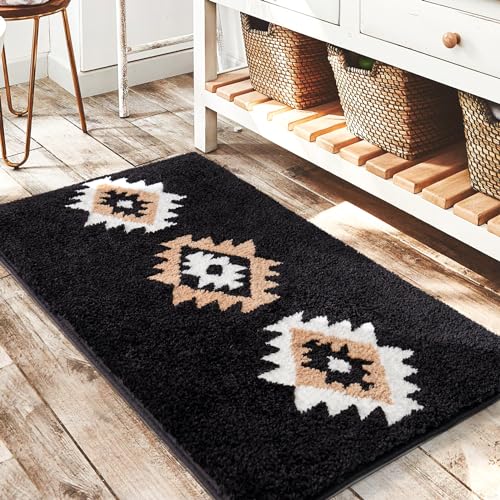 DEXDE Black Bathroom Rugs Mat 20x32, Aztec Boho Bath Rugs Long Western Plush Non Slip Machine Washable Bath Mats Large Luxury Soft Absorbent Modern Carpet for Floor, Tub, Shower, Kitchen, Entryway - Image 1
