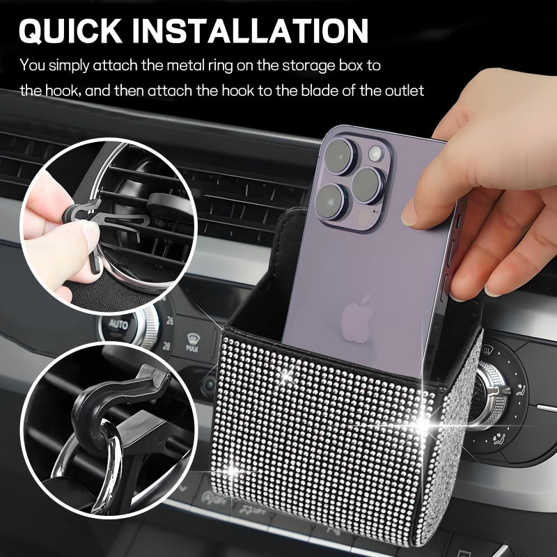 Hbxdeco Car Vent Storage Organizer, Rhinestone Auto Air Vent Leather Storage Pouch, Bling Automotive Hanging Bag Pocket Case, Universal Car Mount Cell Phone Sunglasses Coin Holder (White) - Image 4