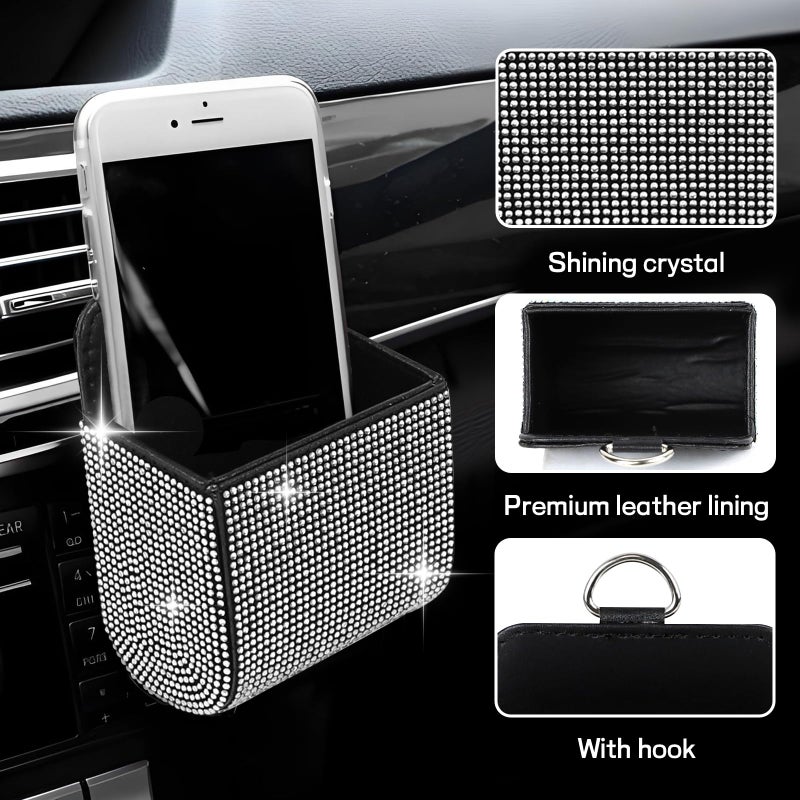 Hbxdeco Car Vent Storage Organizer, Rhinestone Auto Air Vent Leather Storage Pouch, Bling Automotive Hanging Bag Pocket Case, Universal Car Mount Cell Phone Sunglasses Coin Holder (White) - Image 3
