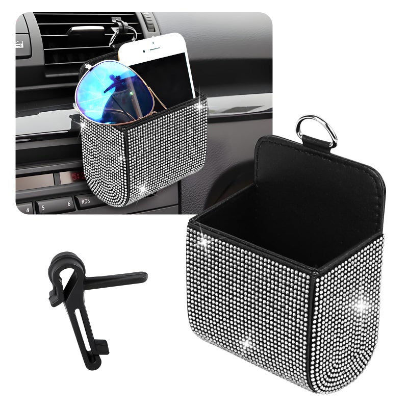 Hbxdeco Car Vent Storage Organizer, Rhinestone Auto Air Vent Leather Storage Pouch, Bling Automotive Hanging Bag Pocket Case, Universal Car Mount Cell Phone Sunglasses Coin Holder (White) - Image 1