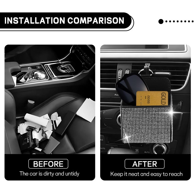 Hbxdeco Car Vent Storage Organizer, Rhinestone Auto Air Vent Leather Storage Pouch, Bling Automotive Hanging Bag Pocket Case, Universal Car Mount Cell Phone Sunglasses Coin Holder (White) - Image 5