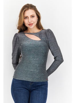 N:Philanthropy Women Crew Neck Long Sleeves Metallic Top, Grey  - Image 1
