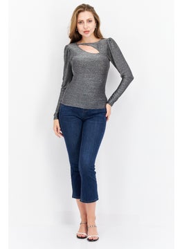 N:Philanthropy Women Crew Neck Long Sleeves Metallic Top, Grey  - Image 3