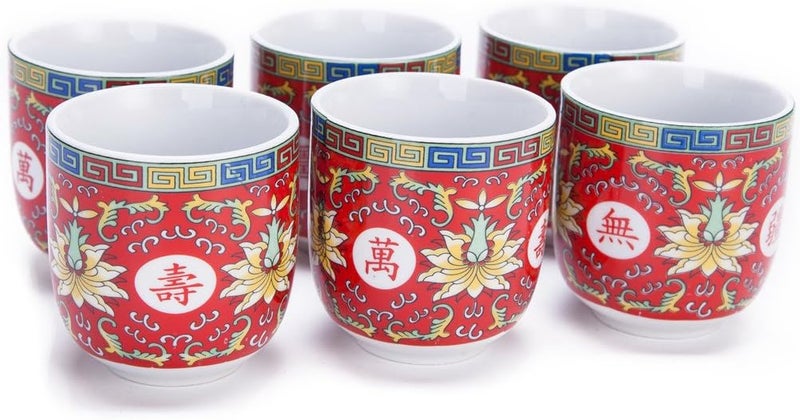 THY COLLECTIBLES Set of 6 Eastern Asian Design Ceramic Tea Cups in Red Longevity Symbol  8 OZ Capacity Each - Image 2