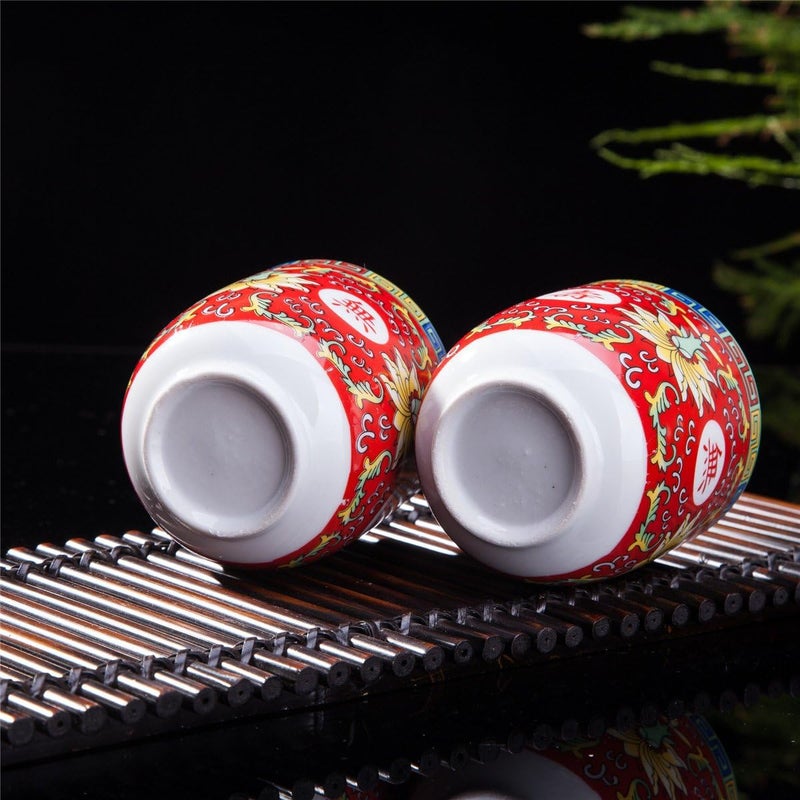 THY COLLECTIBLES Set of 6 Eastern Asian Design Ceramic Tea Cups in Red Longevity Symbol  8 OZ Capacity Each - Image 4