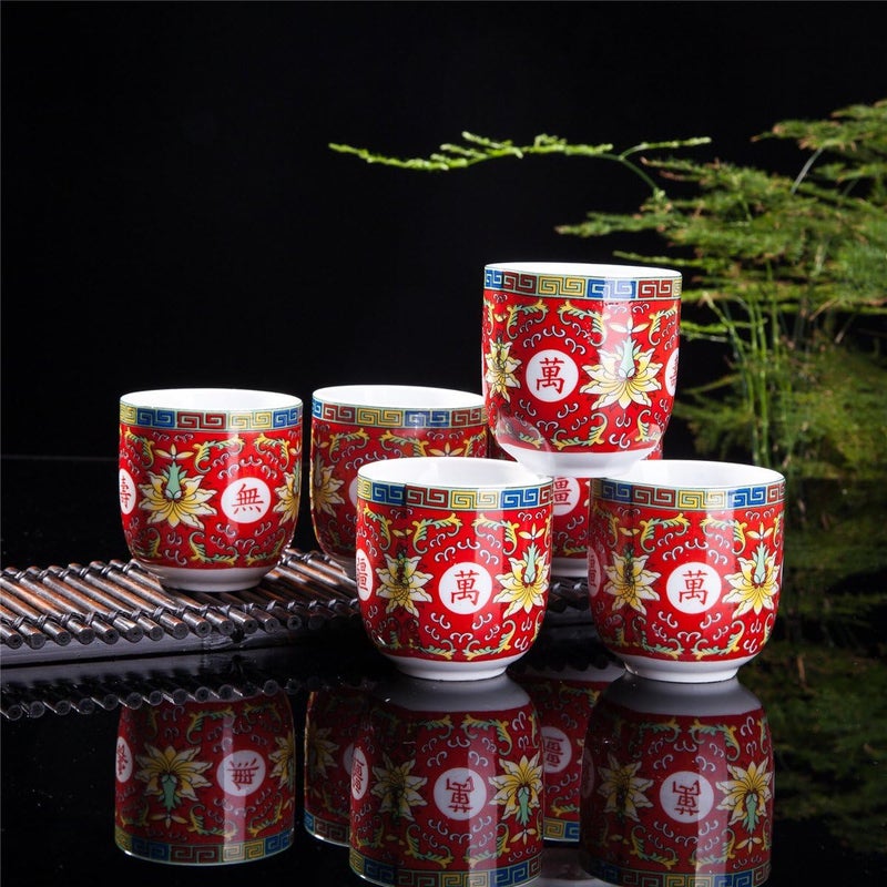 THY COLLECTIBLES Set of 6 Eastern Asian Design Ceramic Tea Cups in Red Longevity Symbol  8 OZ Capacity Each - Image 1