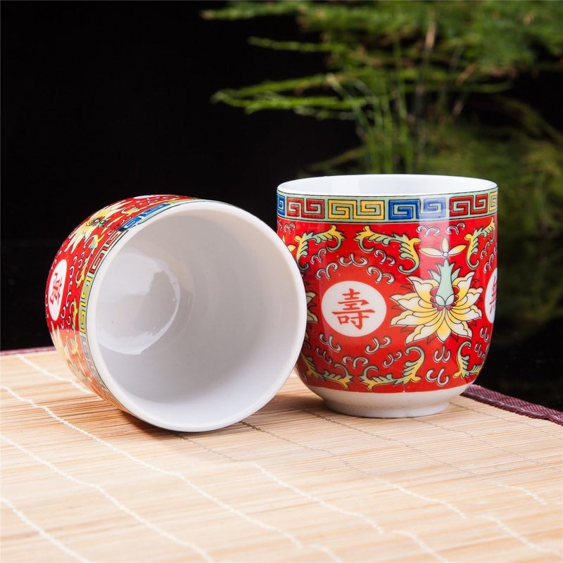 THY COLLECTIBLES Set of 6 Eastern Asian Design Ceramic Tea Cups in Red Longevity Symbol  8 OZ Capacity Each - Image 3