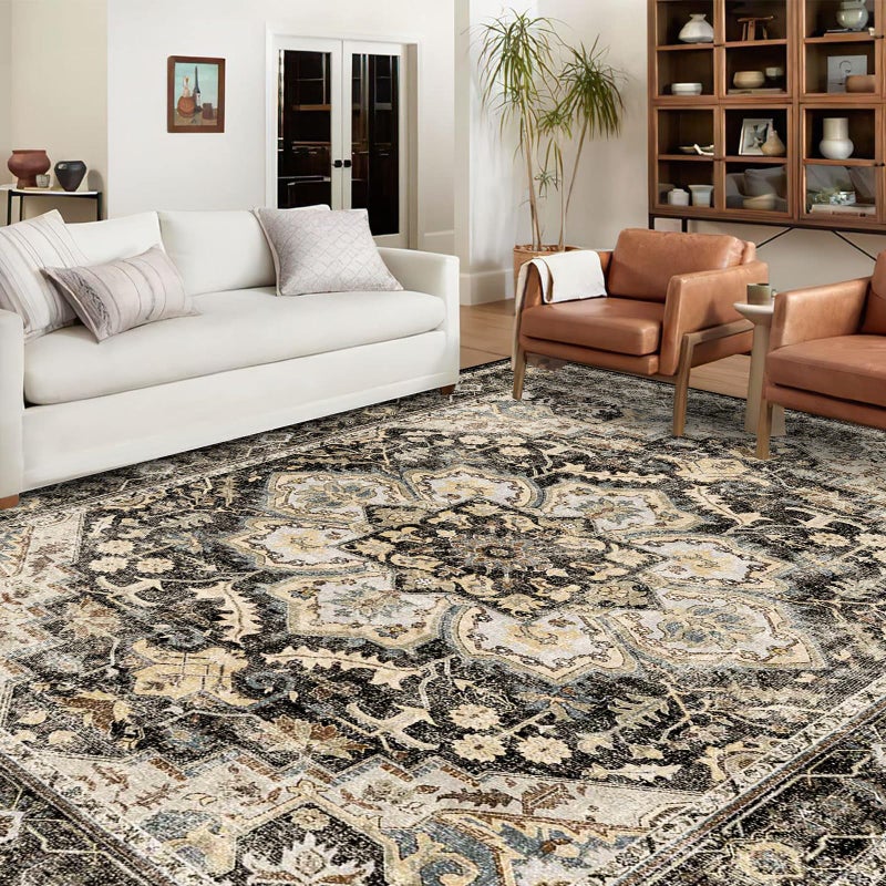 TOPRUUG Washable Oriental Area Rug - 9x12 Rugs for Living Room Soft Carpet for Bedroom Waterproof Floral Distressed Indoor Stain Resistant Non-Shedding Floor Carpets (Black/Grey, 9x12) - Image 2