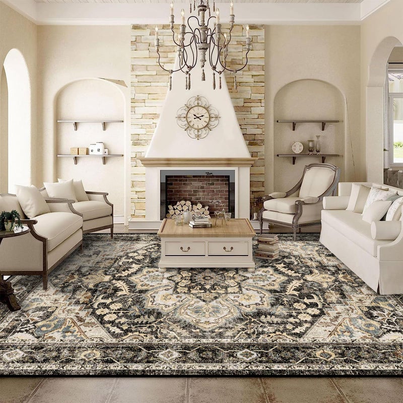 TOPRUUG Washable Oriental Area Rug - 9x12 Rugs for Living Room Soft Carpet for Bedroom Waterproof Floral Distressed Indoor Stain Resistant Non-Shedding Floor Carpets (Black/Grey, 9x12) - Image 1