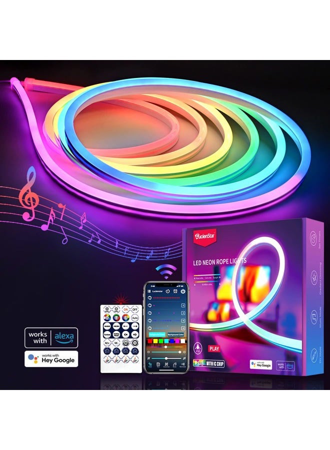 Lucienstar Neon Rope Lights - 5M RGBIC Neon Strip Lights with Music Sync,16 Million DIY Colors, DIY Design,Work with Alexa and Google Assistant, Led Rope Light for Gaming Room Wall Decor - Image 1