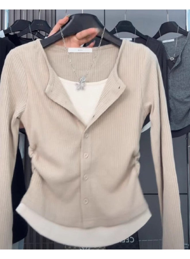 Modal Casual Retro Long Sleeve Plus Size T-Shirt For Women, Spring And Autumn Two-Layer Shoulder Top, Slimming Base Layer Shirt - Image 1