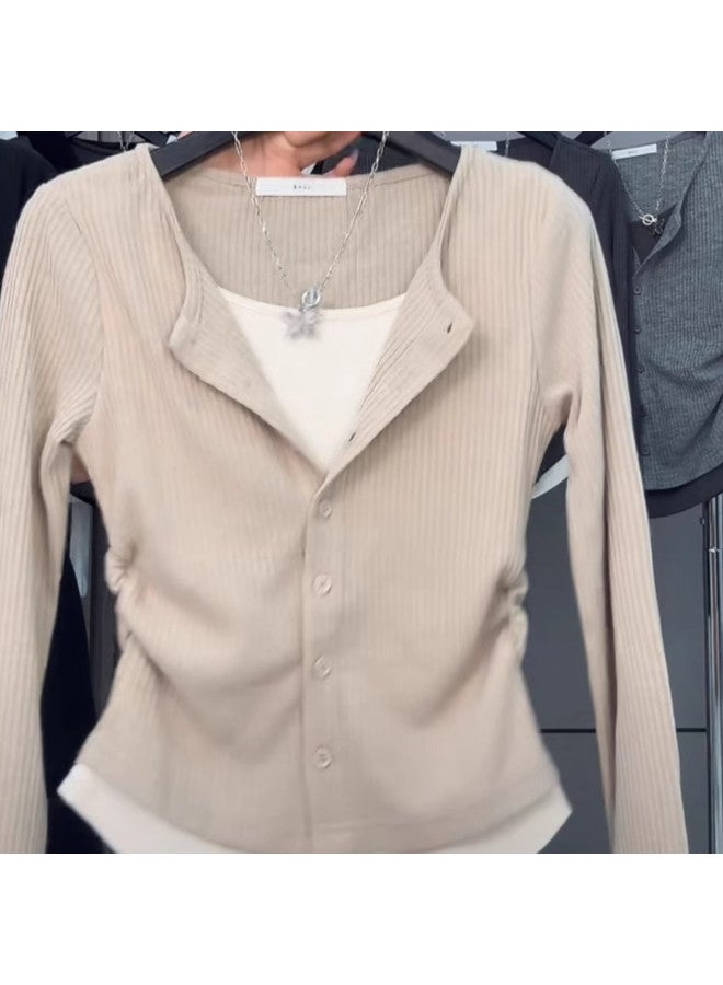 Modal Casual Retro Long Sleeve Plus Size T-Shirt For Women, Spring And Autumn Two-Layer Shoulder Top, Slimming Base Layer Shirt - Image 3