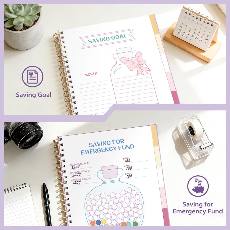 Ospelelf Budget Planner Undated, Money Expense Tracker with Pocket & Stickers, Thick Cardboard Cover, Large Pages for Spacious Writing, Original Fun Colorful Design, 12 Month Financial Notebook, Purple Floral - Image 5