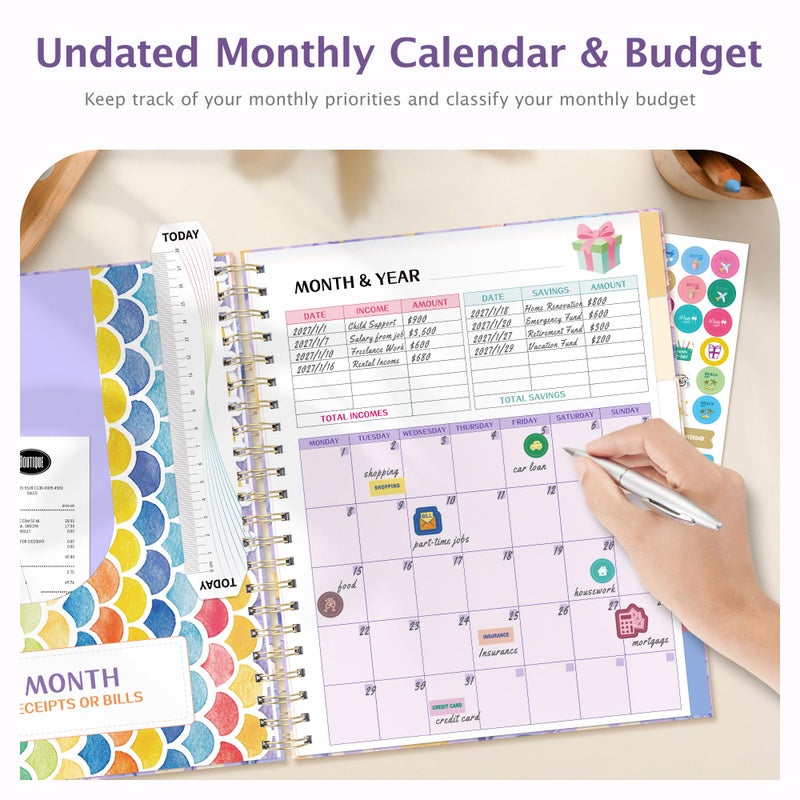 Ospelelf Budget Planner Undated, Money Expense Tracker with Pocket & Stickers, Thick Cardboard Cover, Large Pages for Spacious Writing, Original Fun Colorful Design, 12 Month Financial Notebook, Purple Floral - Image 3