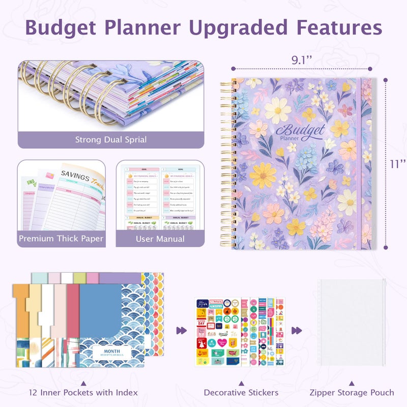 Ospelelf Budget Planner Undated, Money Expense Tracker with Pocket & Stickers, Thick Cardboard Cover, Large Pages for Spacious Writing, Original Fun Colorful Design, 12 Month Financial Notebook, Purple Floral - Image 2