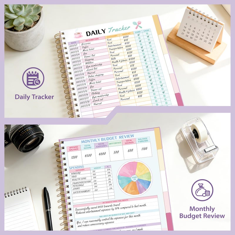 Ospelelf Budget Planner Undated, Money Expense Tracker with Pocket & Stickers, Thick Cardboard Cover, Large Pages for Spacious Writing, Original Fun Colorful Design, 12 Month Financial Notebook, Purple Floral - Image 4