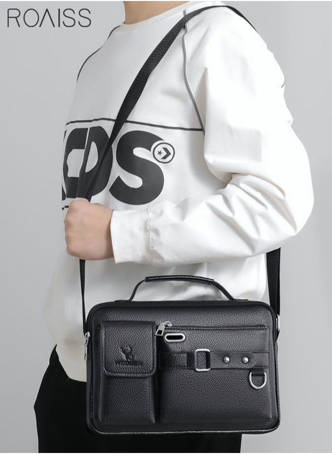 roaiss Business Messenger Shoulder Bag PU Leather Retro Chic Handbag Large CapacityCasual Portable Zipper Crossbody Shoulder Bag Husband Gift for Men Travel Work Office Dark Black  - Image 3