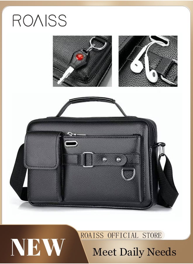roaiss Business Messenger Shoulder Bag PU Leather Retro Chic Handbag Large CapacityCasual Portable Zipper Crossbody Shoulder Bag Husband Gift for Men Travel Work Office Dark Black  - Image 1