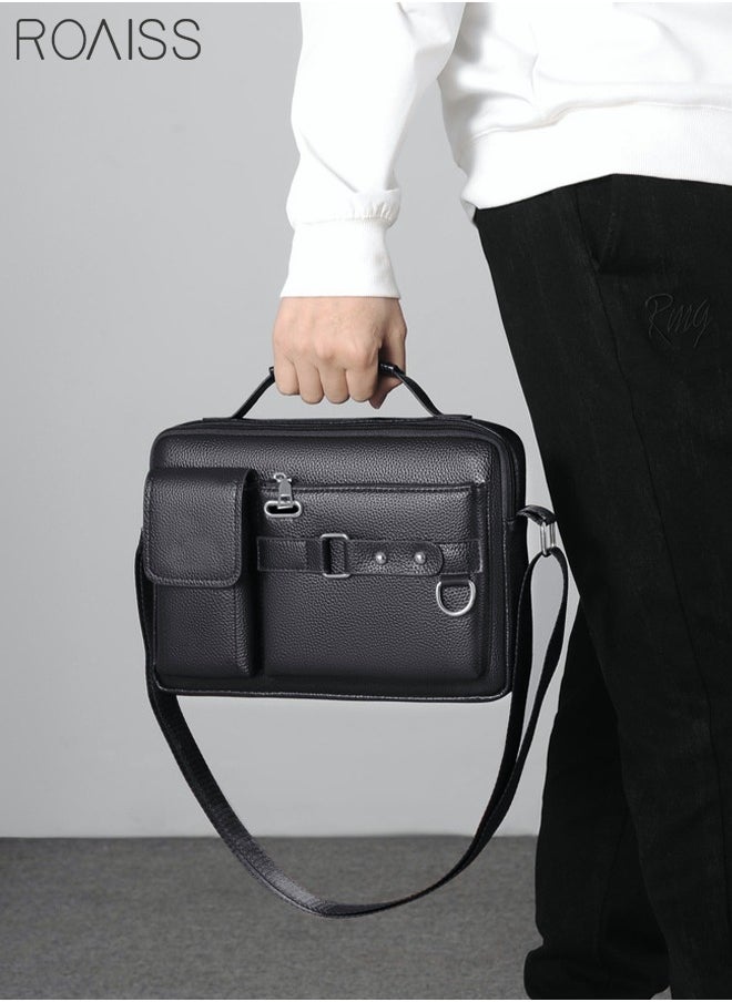 roaiss Business Messenger Shoulder Bag PU Leather Retro Chic Handbag Large CapacityCasual Portable Zipper Crossbody Shoulder Bag Husband Gift for Men Travel Work Office Dark Black  - Image 4