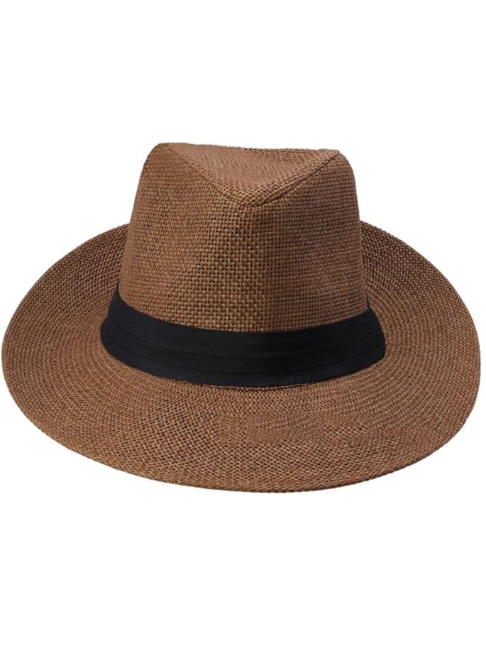 Unisex Fashion Solid Color British Sun Hat Wide Brim Straw Hat Adult Jazz Straw Hat Jazz Hat Men's and Women's Fashion Solid Colour British Sun Hat Straw Hat Jazz Hat Cowboy Hat Women Brown/Coffee